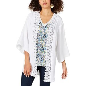 Cotton Textured Lace-Trim Kimono Bright White S/M